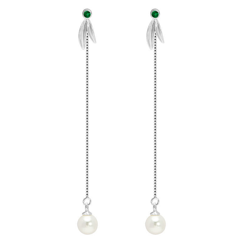 925 Sterling Silver Zircon Pearl Bamboo Leaves Protection Drop Earrings