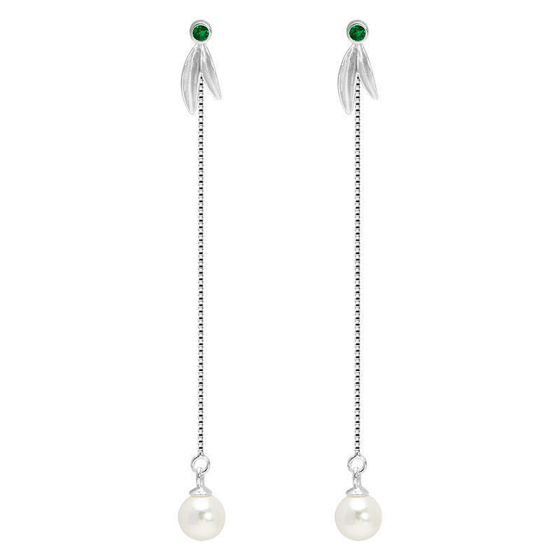 925 Sterling Silver Zircon Pearl Bamboo Leaves Protection Drop Earrings
