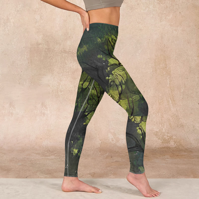 ForestGreen Leaves Black Lines Print Exercise Leggings Women's Yoga Pants