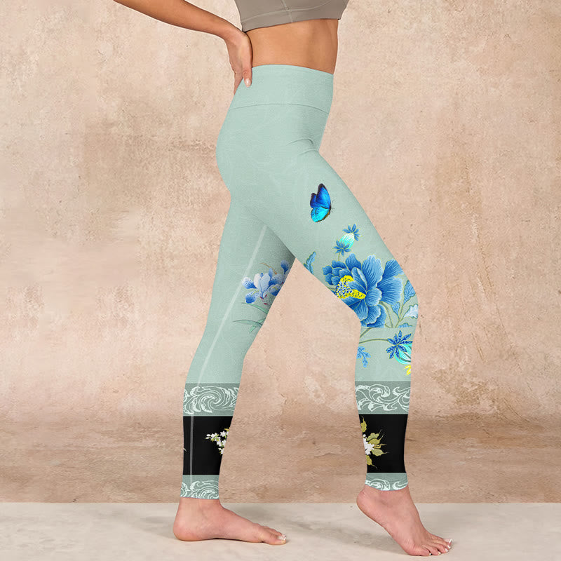 Mint Green Blue Peony Butterfly Print Sports Leggings Women's Yoga Pants