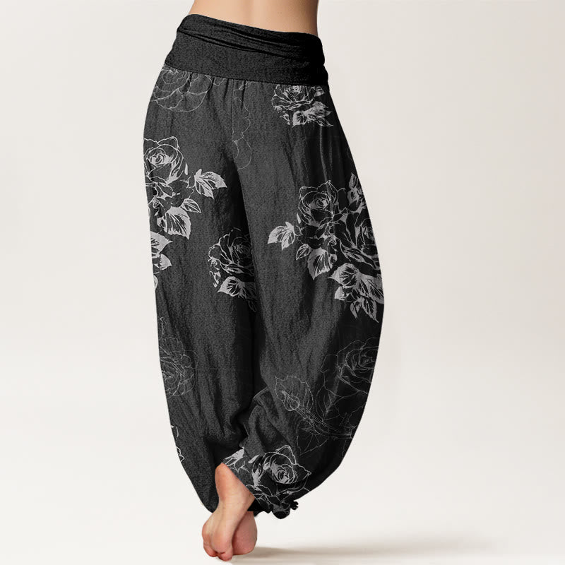 Casual Rose Peony Flowers Women's Elastic Waist Harem Pants