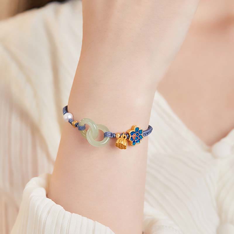 Hetian Jade Lotus Peace Buckle Braided Rope Fortune Bracelet