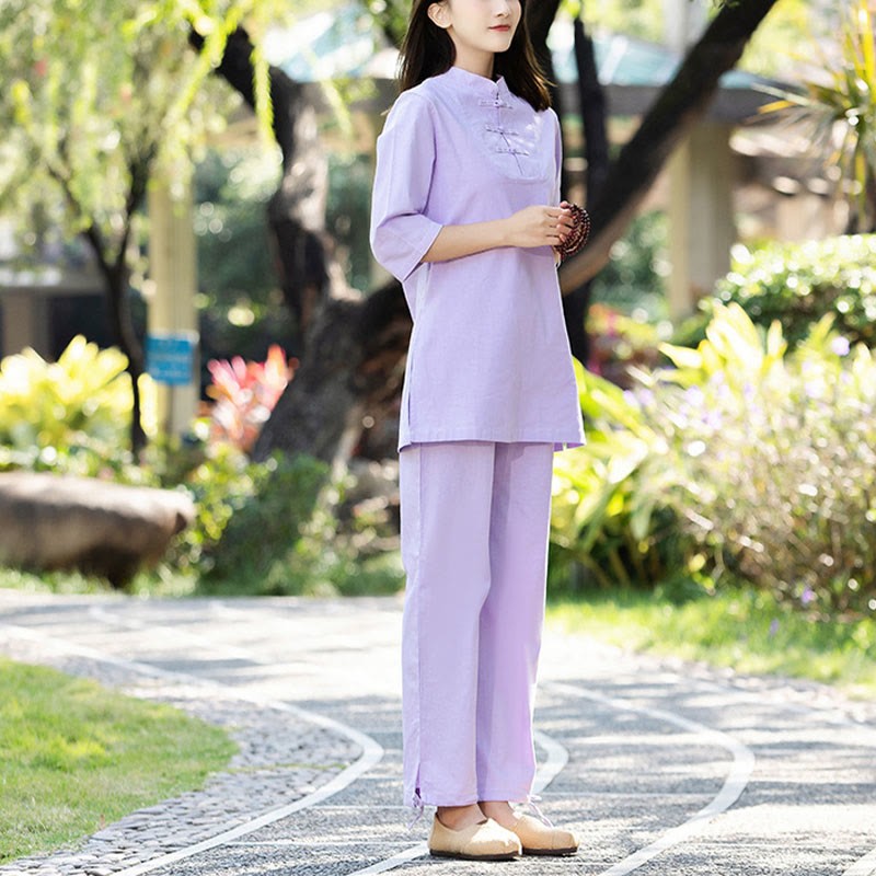 2Pcs Half Sleeve Shirt Top Pants Meditation Zen Tai Chi Cotton Linen Clothing Women's Set