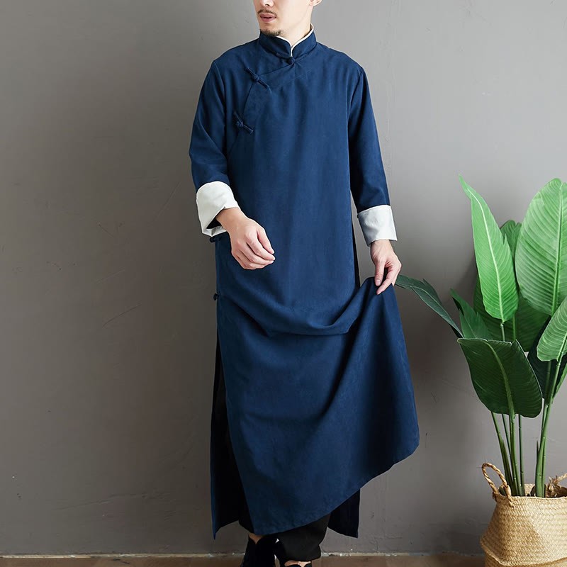 Fall Solid Color Chinese Frog-Button Cotton Men's Tang Suit Robe