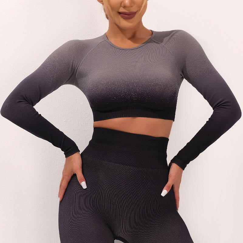 Gradient Long Sleeve Crop Top Tee Bra Leggings Pants Fitness Yoga Outfit