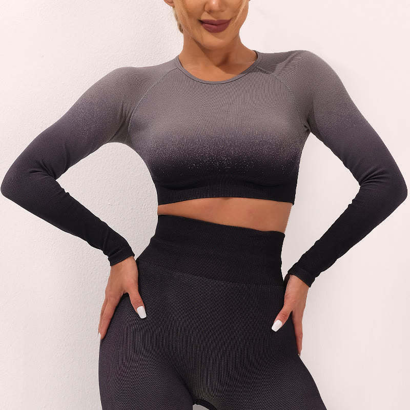 Gradient Long Sleeve Crop Top Tee Bra Leggings Pants Fitness Yoga Outfit