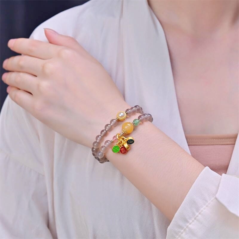 Natural Gray Agate Peace And Joy Charm Balance Double Wrap Bracelet