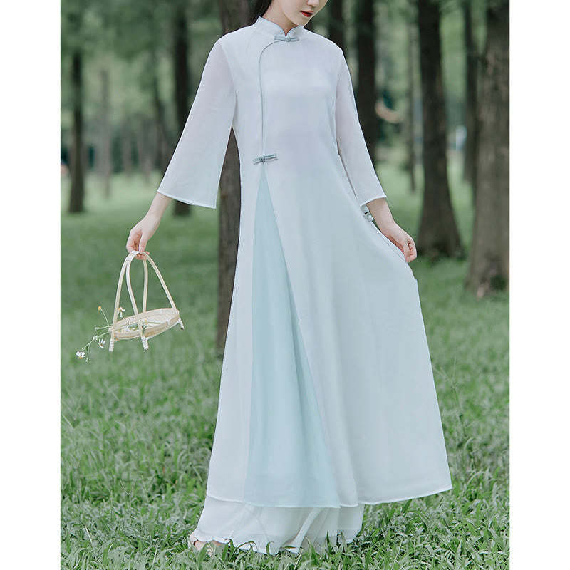 Three Quarter Sleeve Chiffon Cheongsam Midi Dress Wide Leg Pants Meditation Zen Practice Clothing