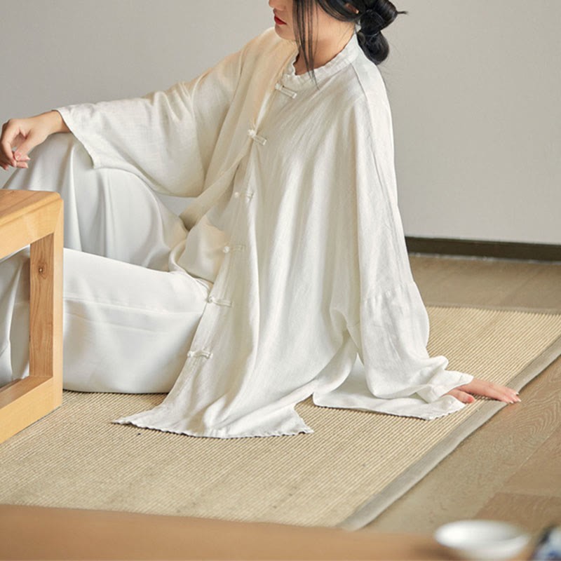 Plain Frog-Button Design Shirt Zen Tai Chi Meditation Top Clothing Cotton Linen Jacket