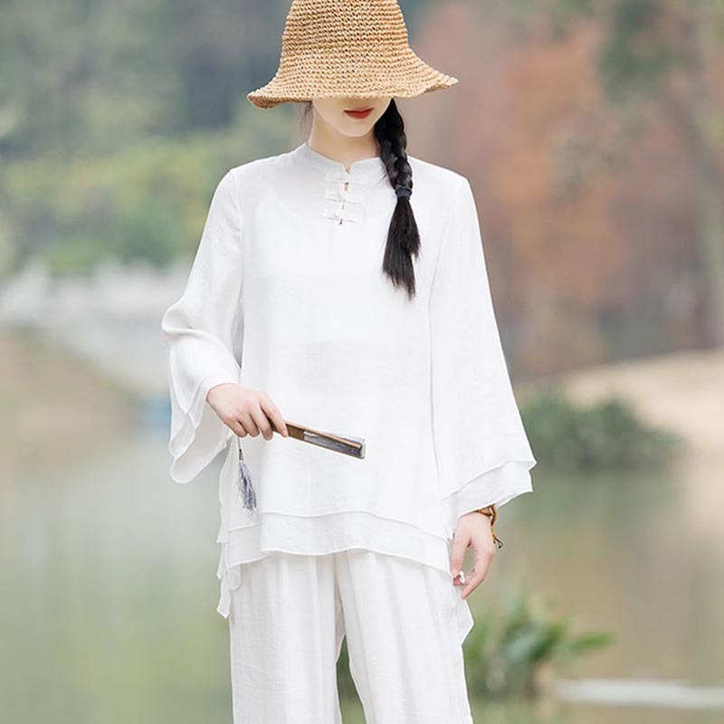 2Pcs Plain Design Top Pants Meditation Yoga Zen Tai Chi Cotton Linen Clothing Women's Set