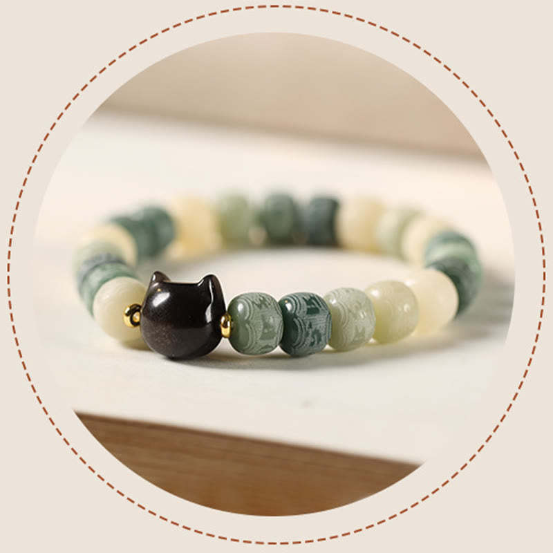 Bodhi Seed Silver Sheen Obsidian Cat Head Om Mani Padme Hum Engraved Harmony Bracelet