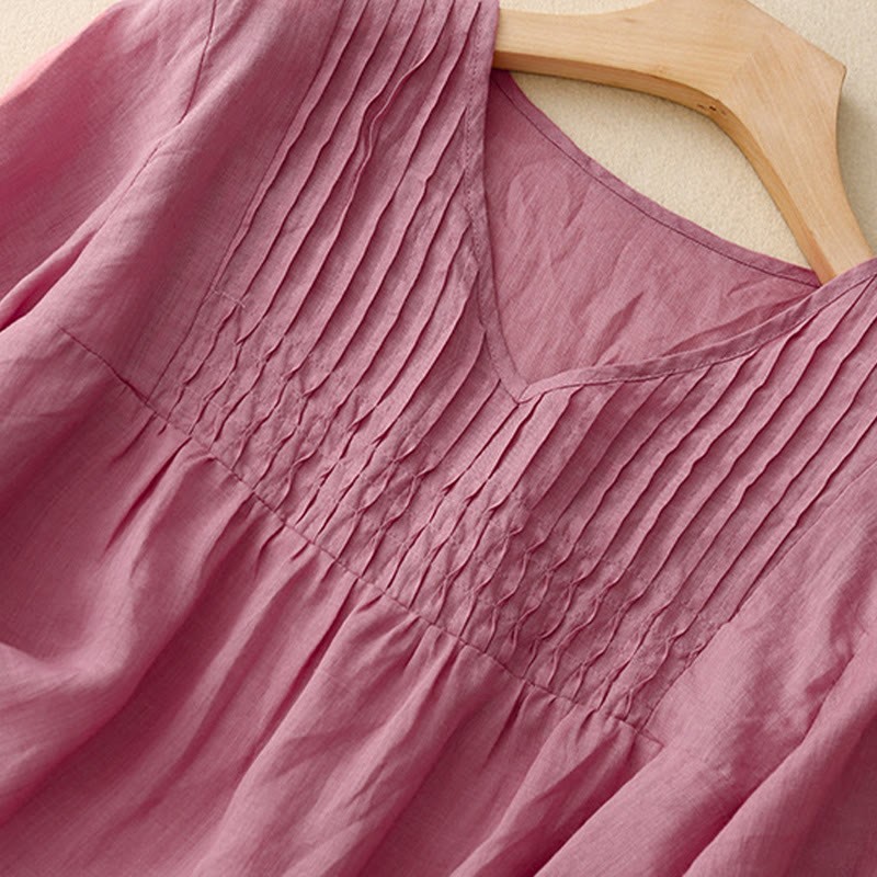 Casual Plain Loose Women's V-Neck Design Half Sleeve Cotton Linen Shirt