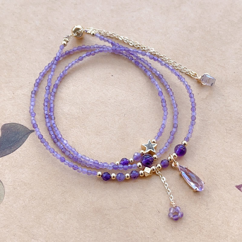 Natural Amethyst Water Drop Star Meditation Triple Wrap Bracelet