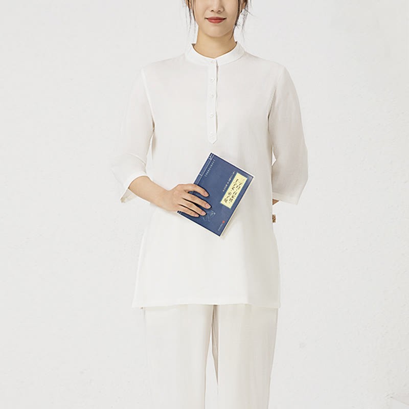 2Pcs Solid Color Three Quarter Shirt Top Pants Meditation Zen Tai Chi Cotton Linen Clothing Women's Set