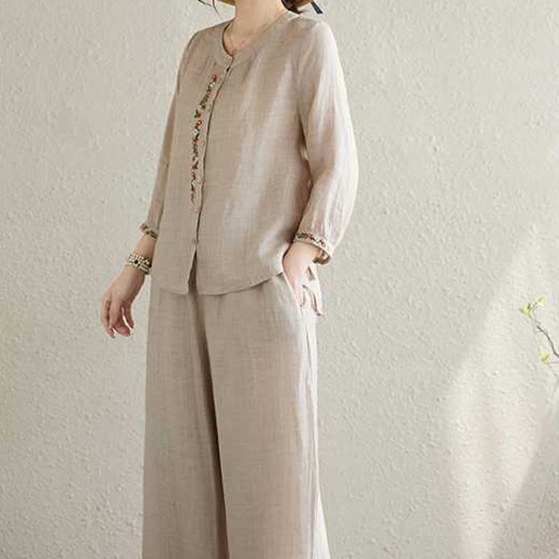 2Pcs Cotton Embroidery Flowers Shirt Top Pants Meditation Zen Tai Chi Clothing Women's Set