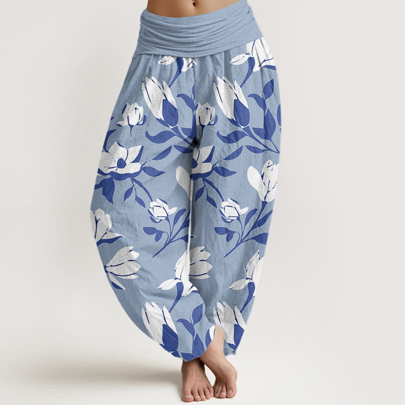 Retro Magnolia Flowers Women's Elastic Waist Harem Pants