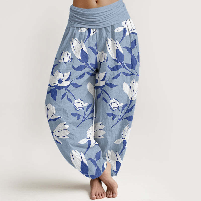 Retro Magnolia Flowers Women's Elastic Waist Harem Pants
