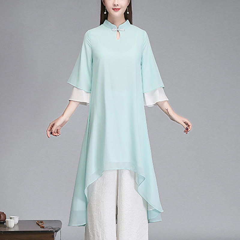 Solid Women's Three Quarter Sleeve Chiffon Irregular Shirt Dress Wide Leg Pants Meditation Clothing