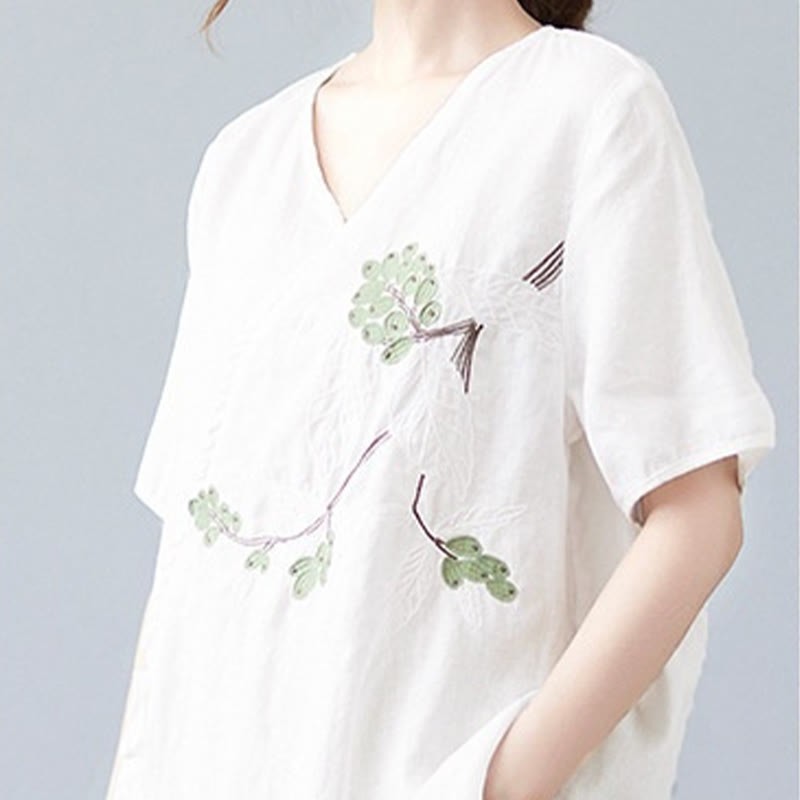 Summer Casual Ethnic Embroidery Flower Lace-up Short Sleeve V-neck Cotton Linen Women's T-Shirt