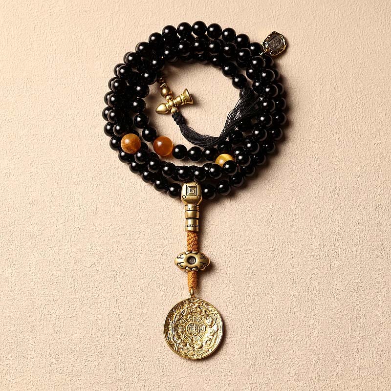 Tibetan 108 Mala Beads Black Onyx Tiger Eye Beads Nine Palaces Bagua Protection Bracelet