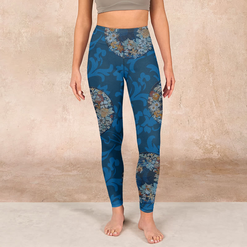 Dark Blue Flowers In Bloom Print Sports Leggings Women's Yoga Pants