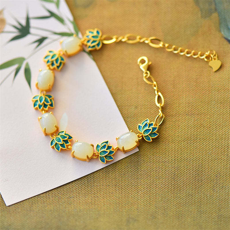White Jade Cyan Jade Lotus Protection Bracelet