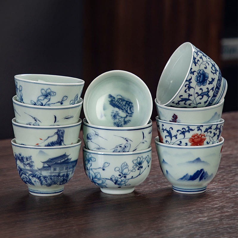 Blue Landscape Mountains Lotus Cute Cat Pavilions Magnolia Reed Egrets Ceramic Teacup Small Kung Fu Tea Cup