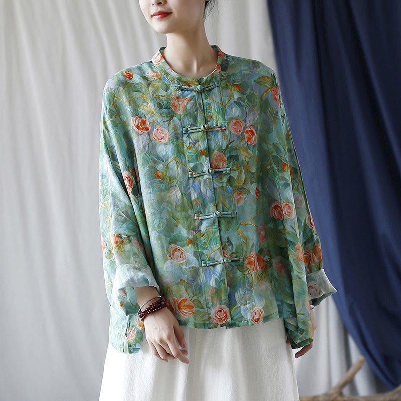 Pink Flowers Green Leaves Print Frog-button Design Long Sleeve Ramie Linen Jacket Shirt