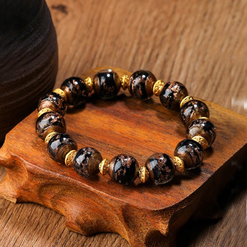 Gold Swallowing Beast Family Charm Liuli Glass Bead Fortune Bracelet