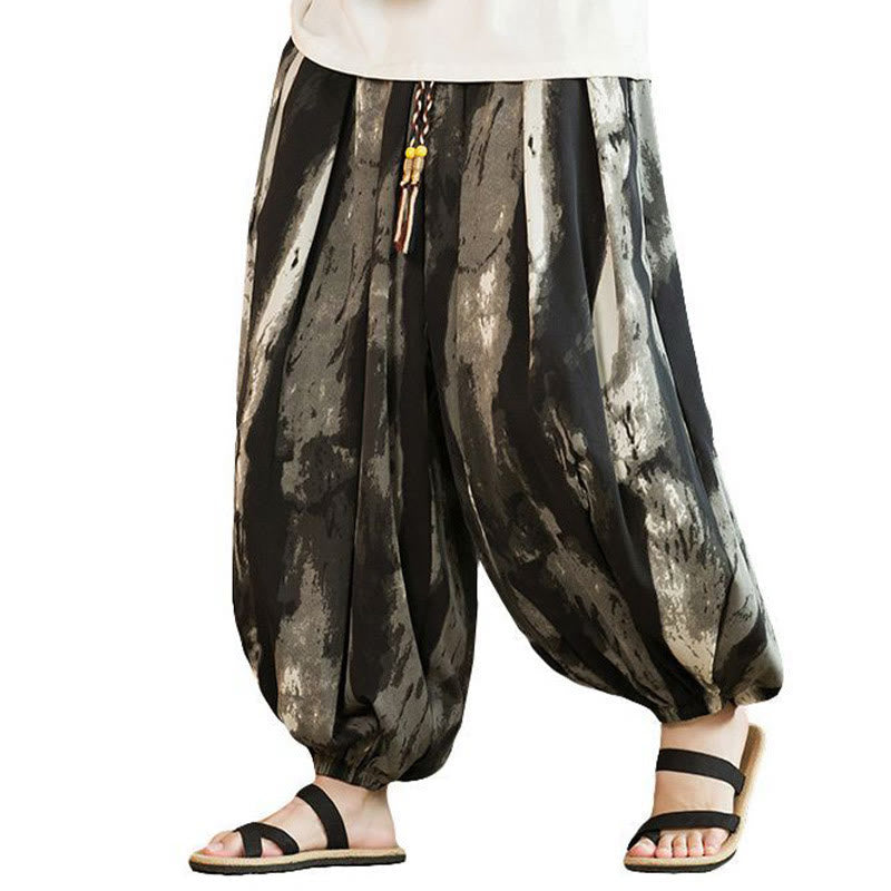 Black White Ink Gradient Cotton Linen Braided Drawstring Men's Harem Pants With Pockets