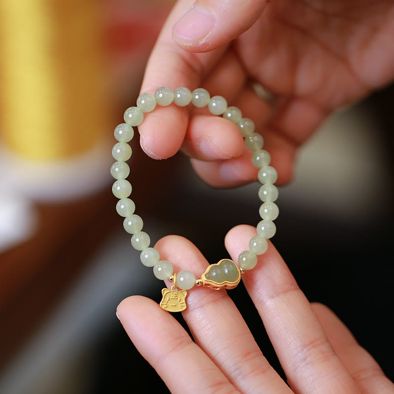 925 Sterling Silver Plated Gold Natural Hetian Jade Bead Gourd Lotus Bamboo Fu Character Luck Bracelet