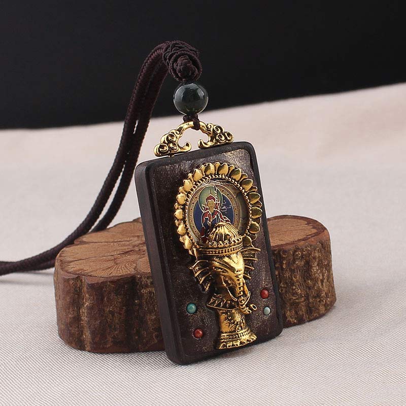 Ebony Wood Elephant God of Fortune mystic zen Blessing Necklace String Pendant