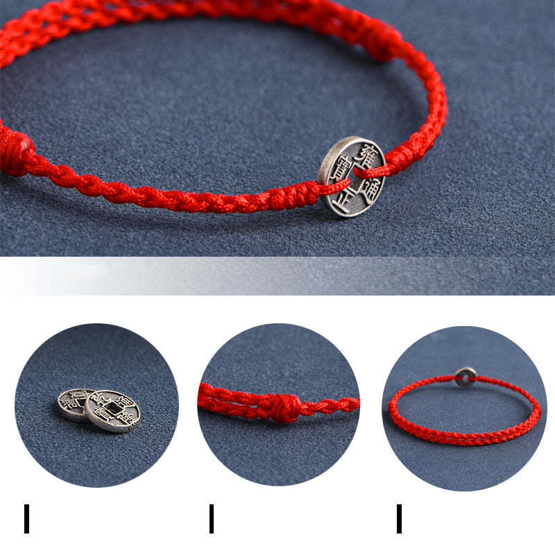 925 Sterling Silver Five Emperor Coins Red String Protection Luck Braided Bracelet Anklet