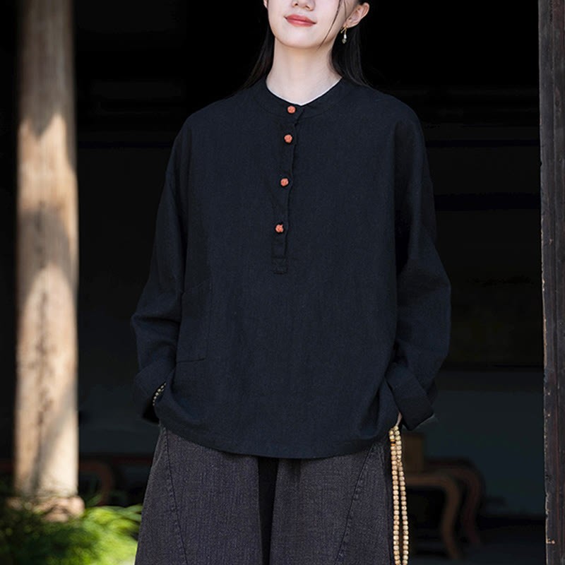 Solid Color Loose Button Blouse Long Sleeve Shirt Top