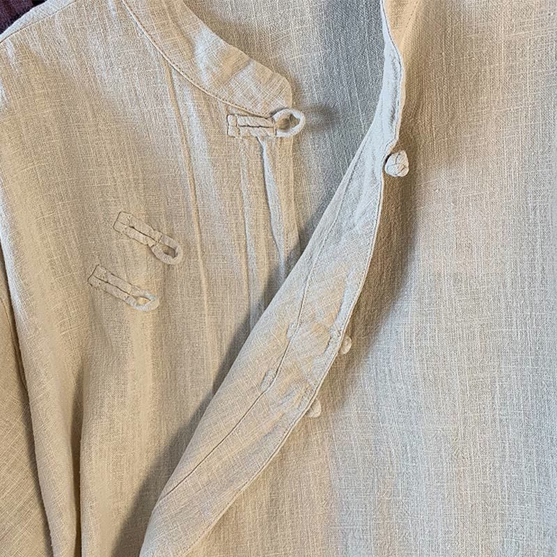 Casual Women's Plain Frog-Button Stand Collar Design Long Sleeve Cotton Linen Shirt With Pockets