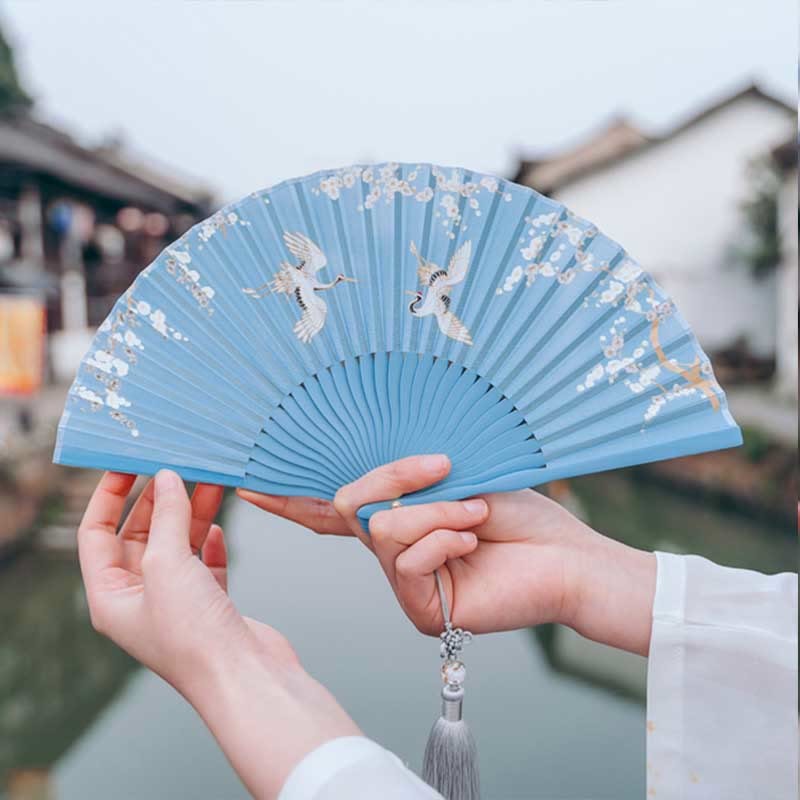 Crane Plum Blossom Handheld Silk Bamboo Folding Fan