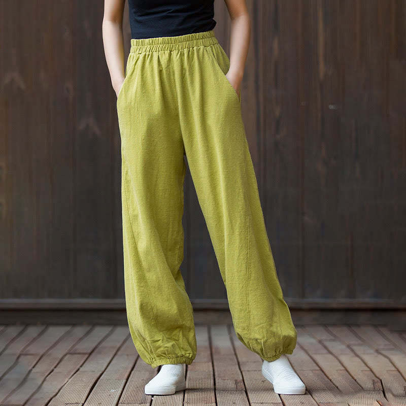 Casual Solid Plain Color Carrot Elastic Waistband Cotton Ramie Women's Pants With Pockets