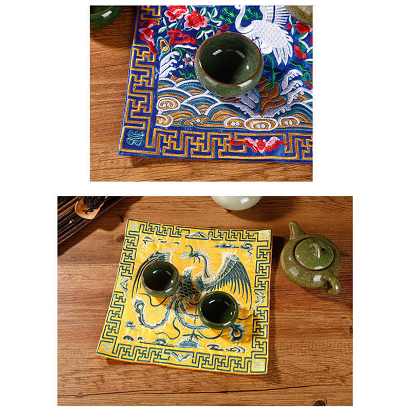 Crane Phoenix Dragon Kirin Embroidered Cup Mat Pad Tea Cup Coaster Square Kung Fu Tea Mat