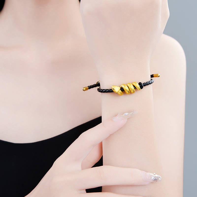 999 Gold Snake Double Buckle Leather Cord Black Rope Year Of The Snake Protection Bracelet