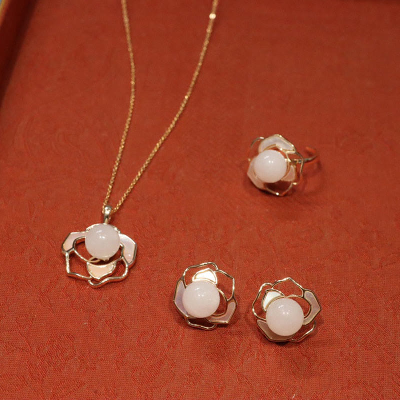 925 Sterling Silver Plated Gold Posts Hetian White Jade Tridacna Stone Camellia Flower Luck Necklace Pendant Ring Earrings