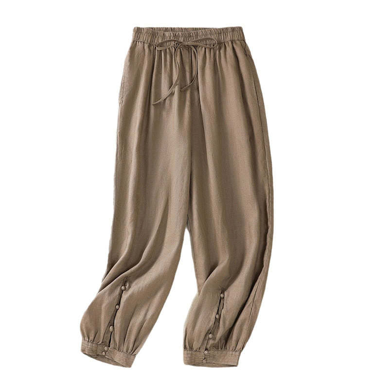 Pure Color Drawstring Frog-Button Cotton Linen Women's Harem Pants With Pockets
