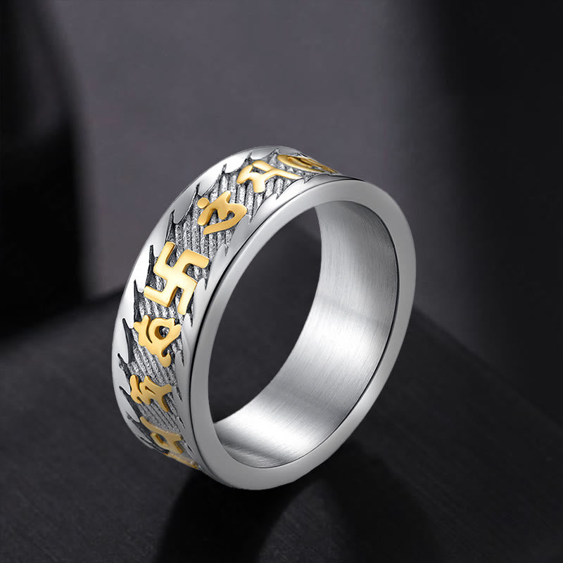 Six True Words Om Mani Padme Hum Swastika Titanium Steel Peace Ring