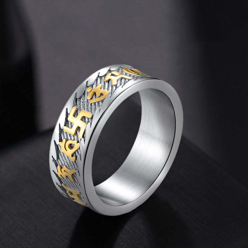 Six True Words Om Mani Padme Hum Swastika Titanium Steel Peace Ring