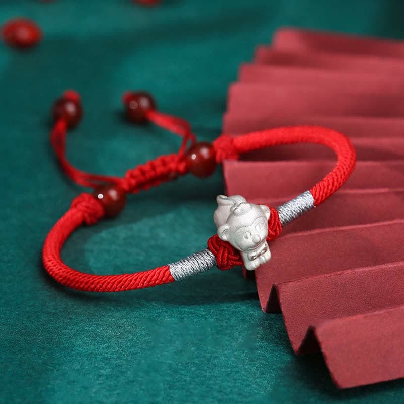 999 Sterling Silver Chinese Zodiac Luck Strength Red String Bracelet