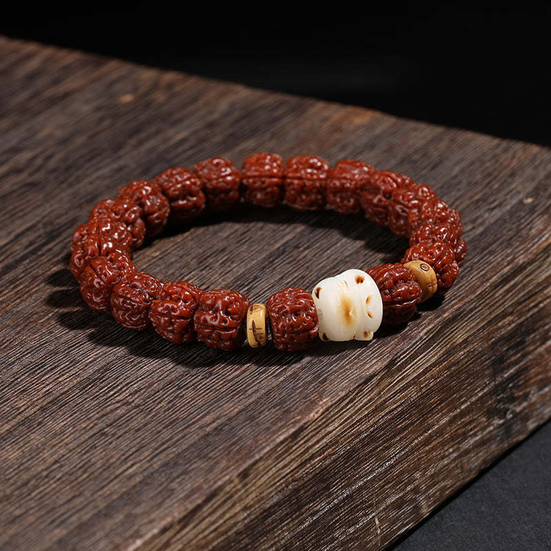 Tibet Rudraksha Bodhi Seed Dzi Bead Lucky Cat Dancing Lion Wealth Bracelet Wrist Mala