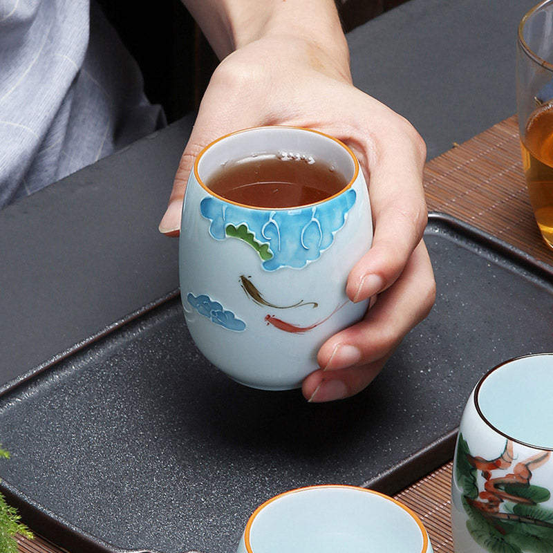 Koi Fish Lotus Landscape Dandelion Peony Flower Ceramic Teacup Kung Fu Tea Cup