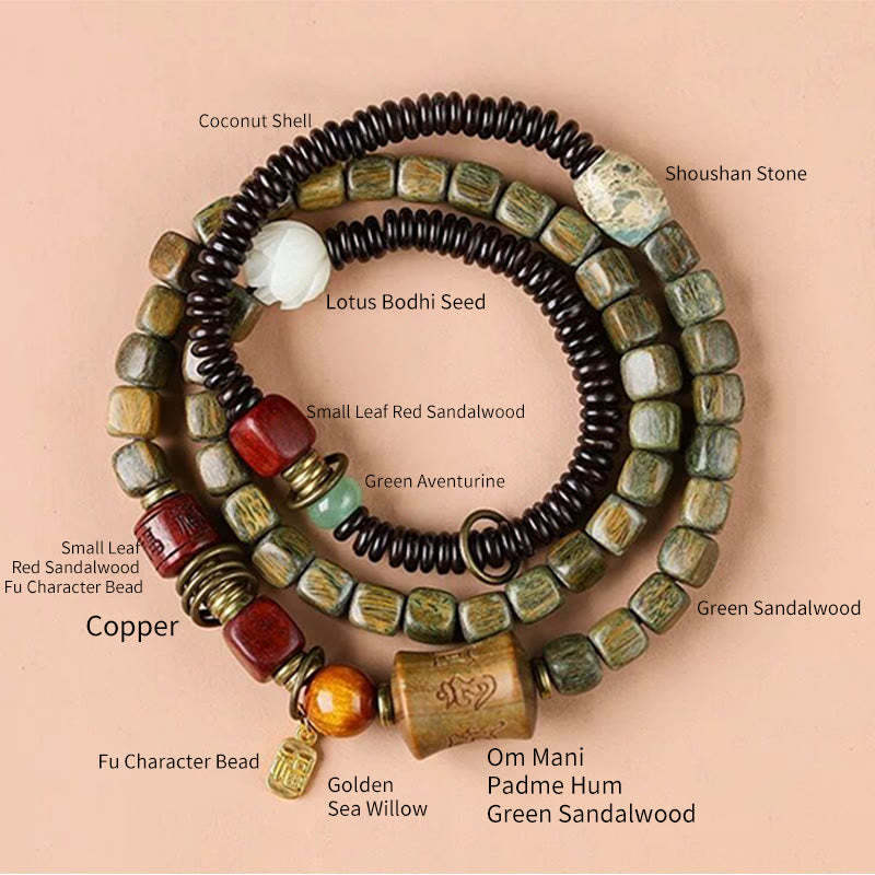 Green Sandalwood Ebony Om Mani Padme Hum Engraved Peace Triple Wrap Bracelet