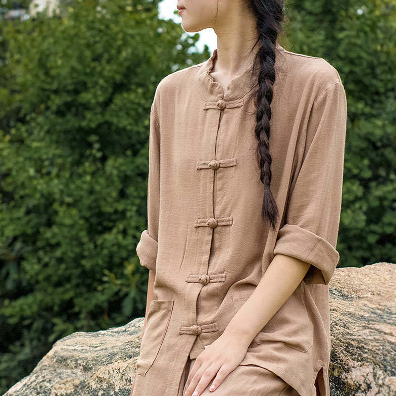 Solid Color Frog-button Long Sleeve Cotton Linen Women's Shirts With Pockets