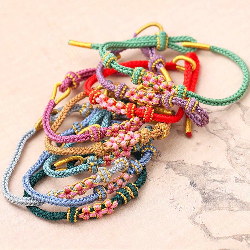 Handmade Three Peach Blossoms Luck Eight Strands Braided String Bracelet