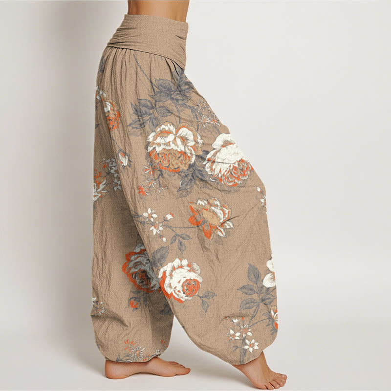 Casual Rose Leaf Pattern Women's Elastic Waist Harem Pants
